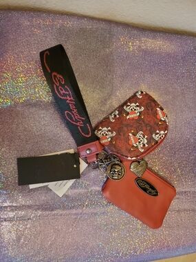 Ed Hardy Wallet Coin Pouch Detachable Keychain Set NWT